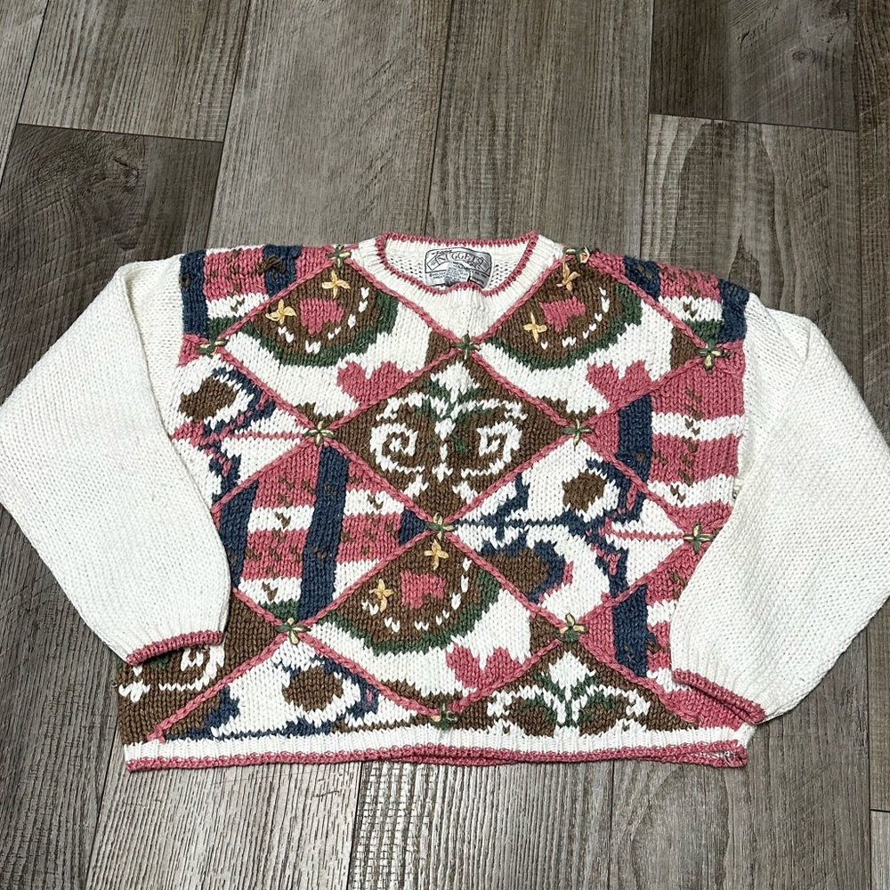 Vintage multi color big knit sweater pink blue cream handmade 70s 80s Large